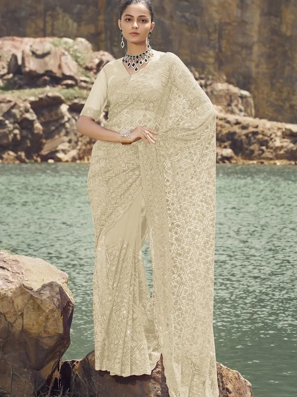 White_Net_Embellished_Bollywood_Saree_With_Unstitched_Blouse_For_Women