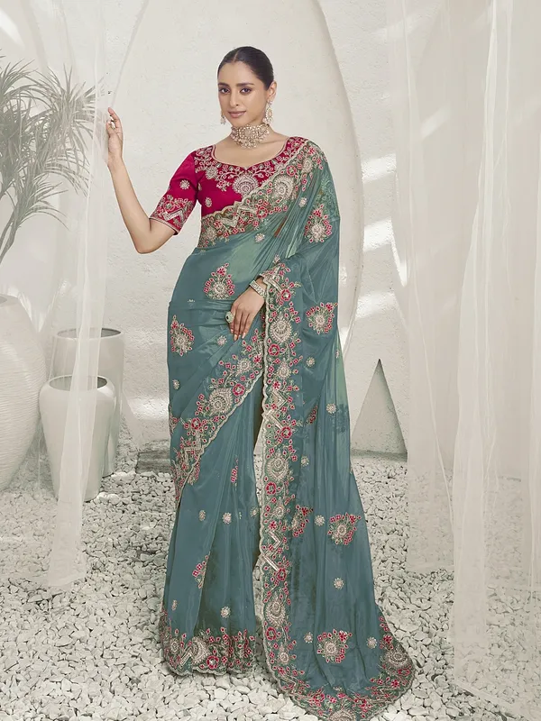 Blue_Raw_Silk_Embellished_Bollywood_Saree_With_Unstitched_Blouse_For_Women