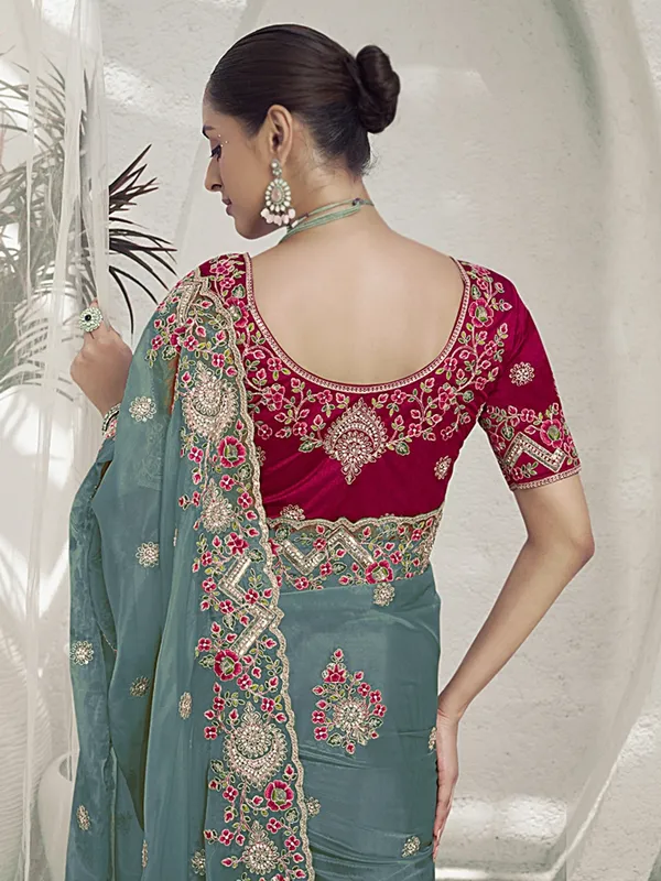 Blue_Raw_Silk_Embellished_Bollywood_Saree_With_Unstitched_Blouse_For_Women