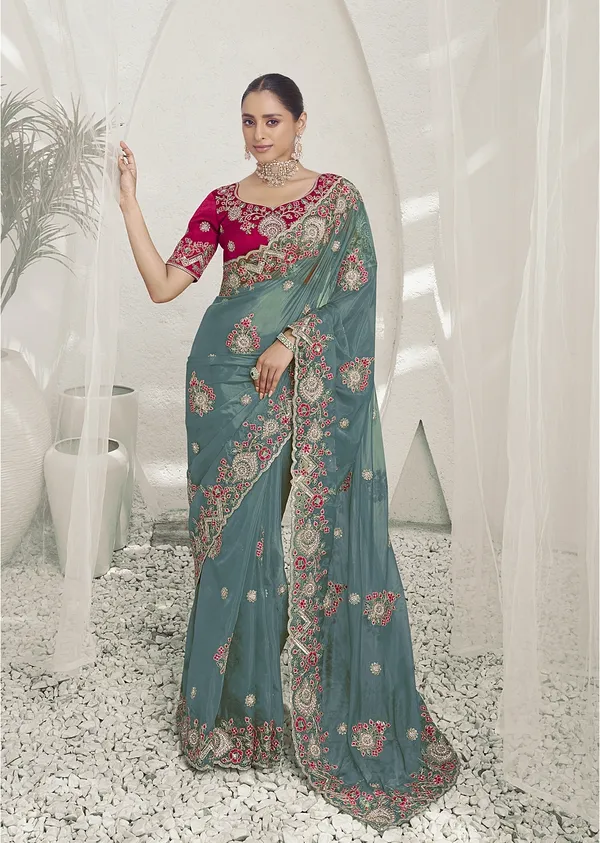 Blue_Raw_Silk_Embellished_Bollywood_Saree_With_Unstitched_Blouse_For_Women
