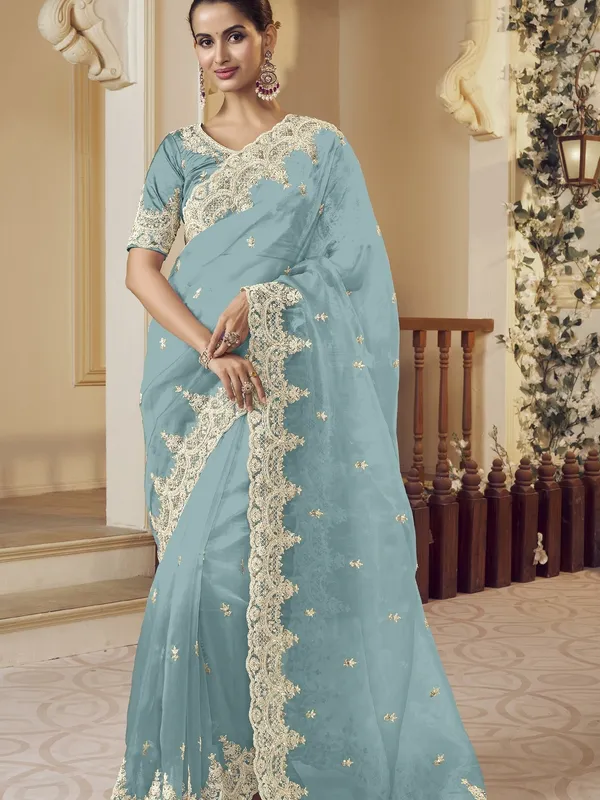 Blue_Raw_Silk_Embellished_Bollywood_Saree_With_Unstitched_Blouse_For_Women