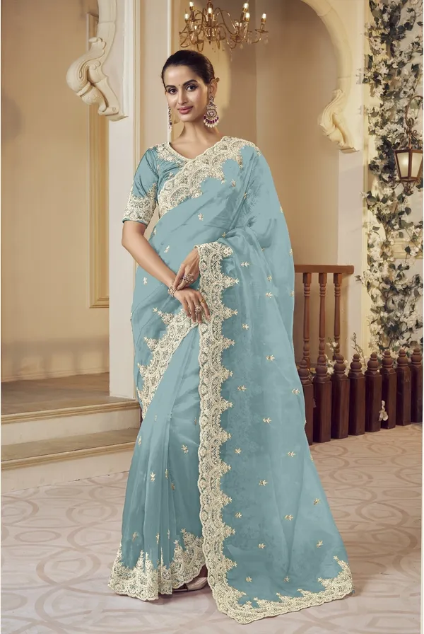 Blue_Raw_Silk_Embellished_Bollywood_Saree_With_Unstitched_Blouse_For_Women