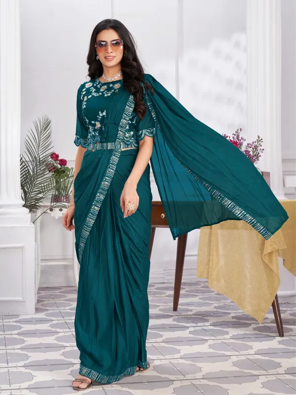 Suha_Womens_Fashion_Ethnic_Ready_to_Wear_Embroidered_Turquoise_Blue_Color_Saree
