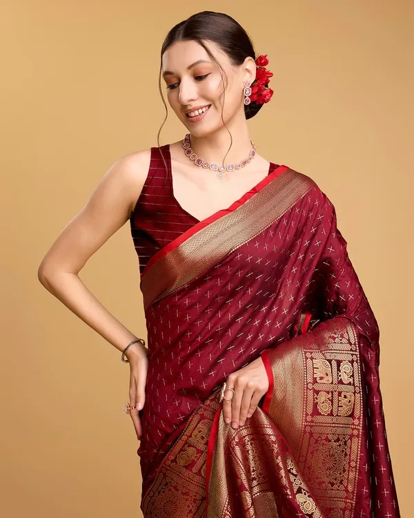 Maroon_Cotton_Silk_Woven_Kanjivaram_Saree_With_Unstitched_Blouse_For_Women
