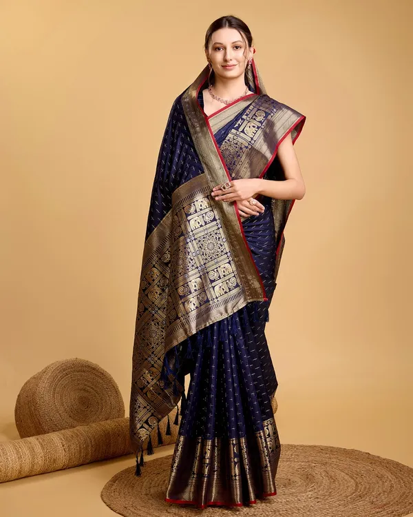 Dark_Blue_Cotton_Silk_Woven_Kanjivaram_Saree_With_Unstitched_Blouse_For_Women