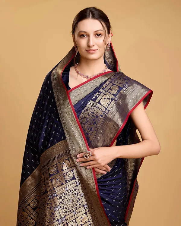 Dark_Blue_Cotton_Silk_Woven_Kanjivaram_Saree_With_Unstitched_Blouse_For_Women