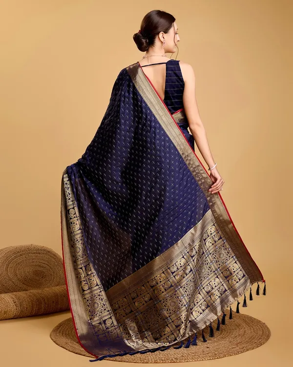 Dark_Blue_Cotton_Silk_Woven_Kanjivaram_Saree_With_Unstitched_Blouse_For_Women
