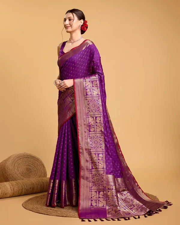 Purple_Cotton_Silk_Woven_Kanjivaram_Saree_With_Unstitched_Blouse_For_Women