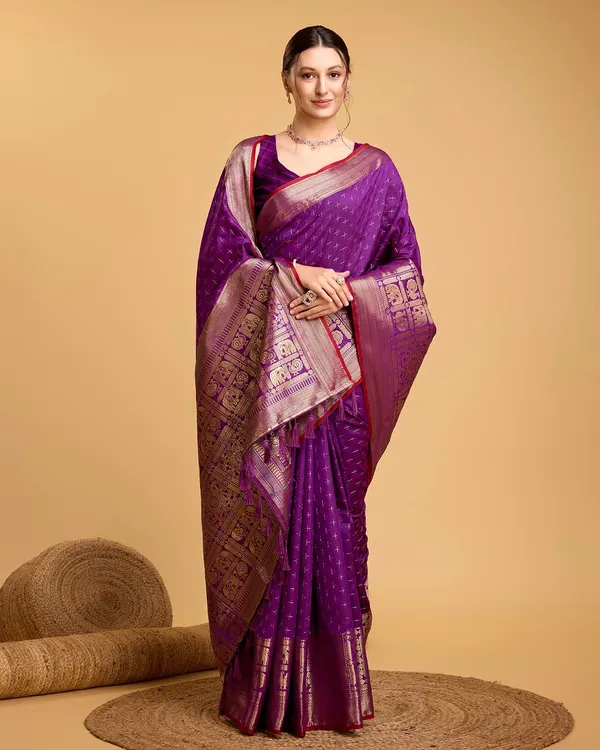 Purple_Cotton_Silk_Woven_Kanjivaram_Saree_With_Unstitched_Blouse_For_Women