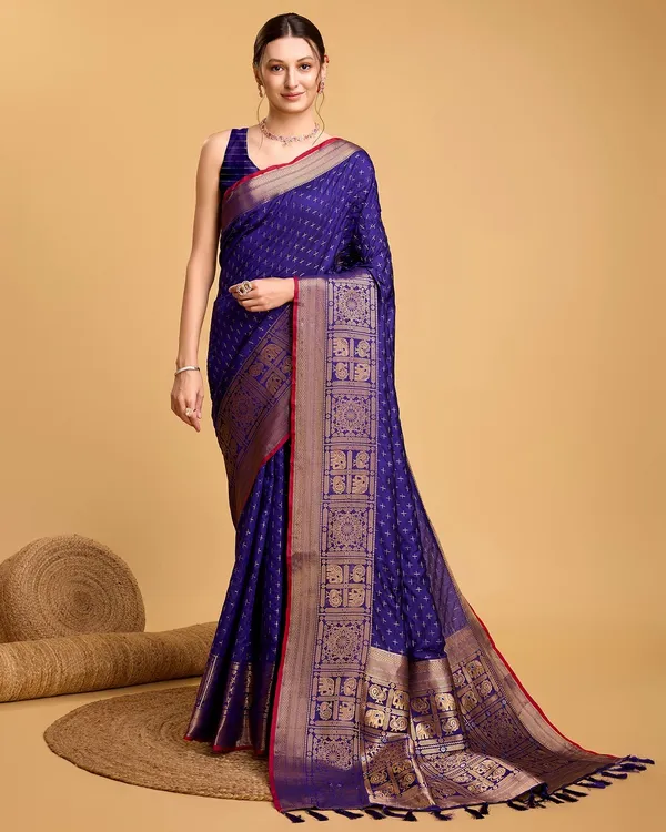 Blue_Cotton_Silk_Woven_Kanjivaram_Saree_With_Unstitched_Blouse_For_Women