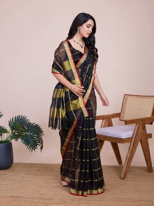 Black_Cotton_Silk_Striped_Banarasi_Saree_With_Unstitched_Blouse_For_Women