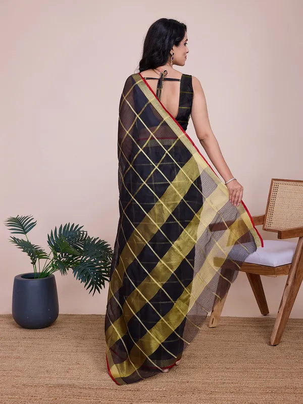 Black_Cotton_Silk_Striped_Banarasi_Saree_With_Unstitched_Blouse_For_Women