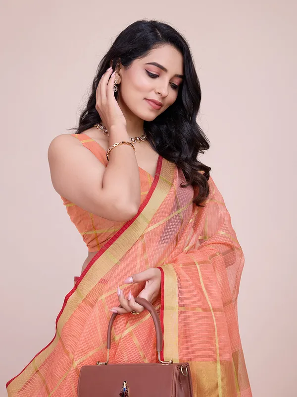 Orange_Cotton_Silk_Striped_Bandhani_Saree_With_Unstitched_Blouse_For_Women