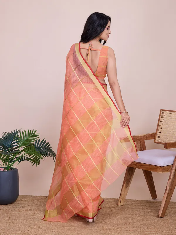 Orange_Cotton_Silk_Striped_Bandhani_Saree_With_Unstitched_Blouse_For_Women