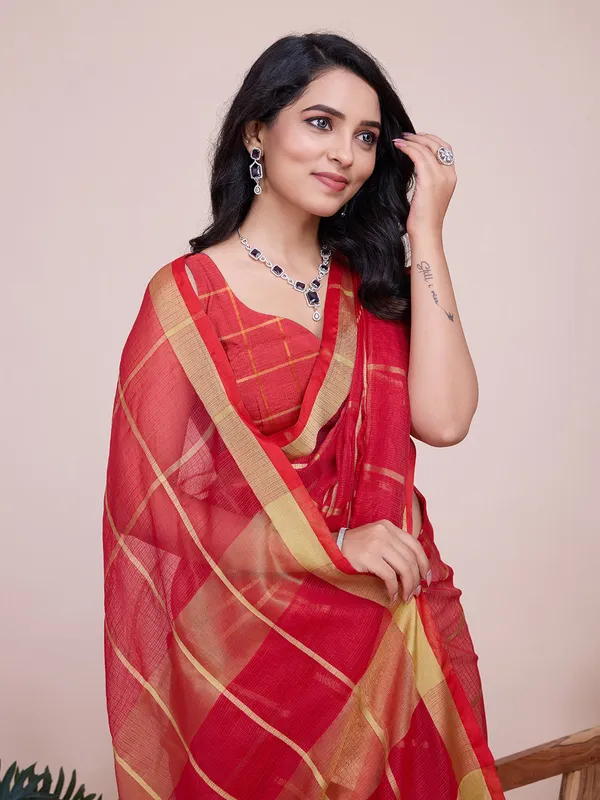 Red_Cotton_Silk_Striped_Patola_Saree_With_Unstitched_Blouse_For_Women