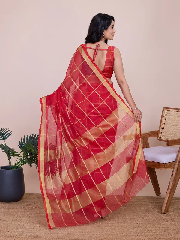 Red_Cotton_Silk_Striped_Patola_Saree_With_Unstitched_Blouse_For_Women