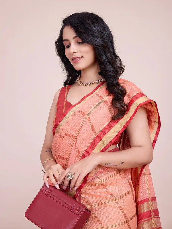 Orange_Cotton_Silk_Striped_Kota_Doria_Saree_With_Unstitched_Blouse_For_Women