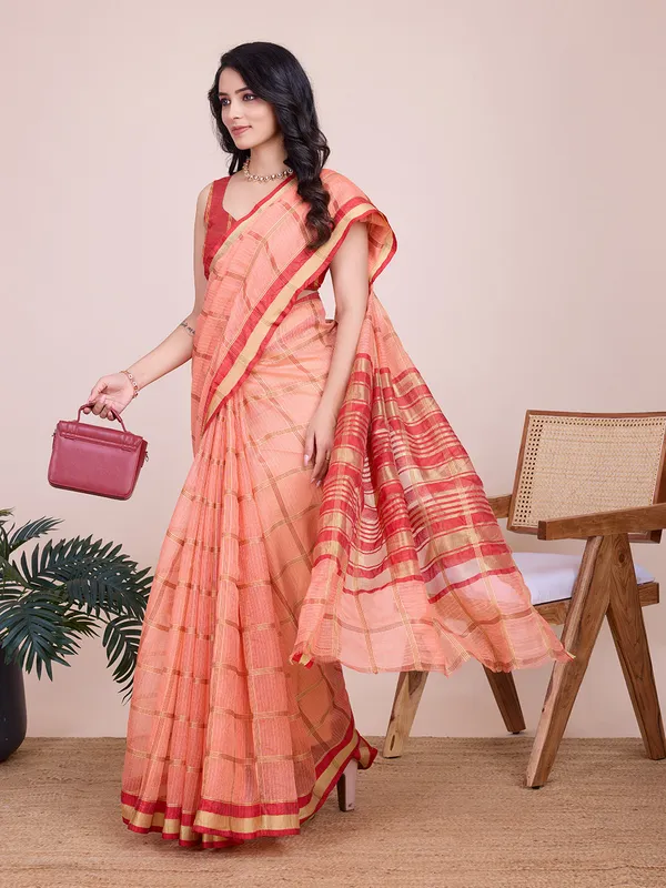 Orange_Cotton_Silk_Striped_Kota_Doria_Saree_With_Unstitched_Blouse_For_Women
