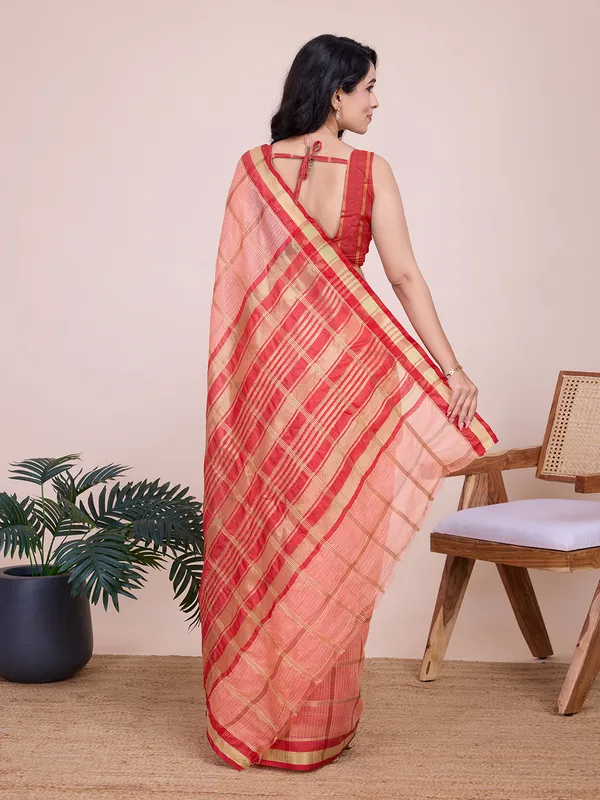 Orange_Cotton_Silk_Striped_Kota_Doria_Saree_With_Unstitched_Blouse_For_Women