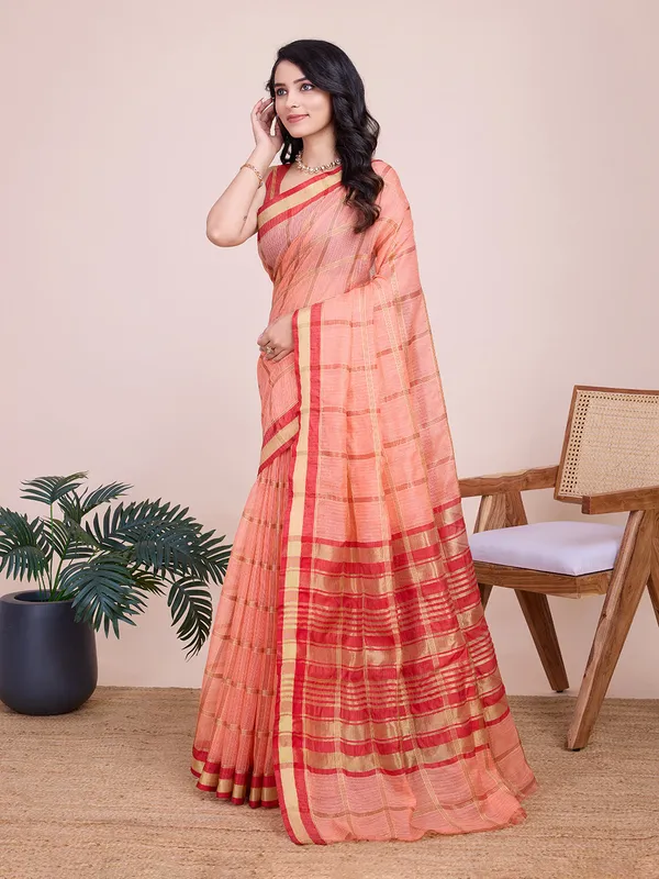 Orange_Cotton_Silk_Striped_Kota_Doria_Saree_With_Unstitched_Blouse_For_Women