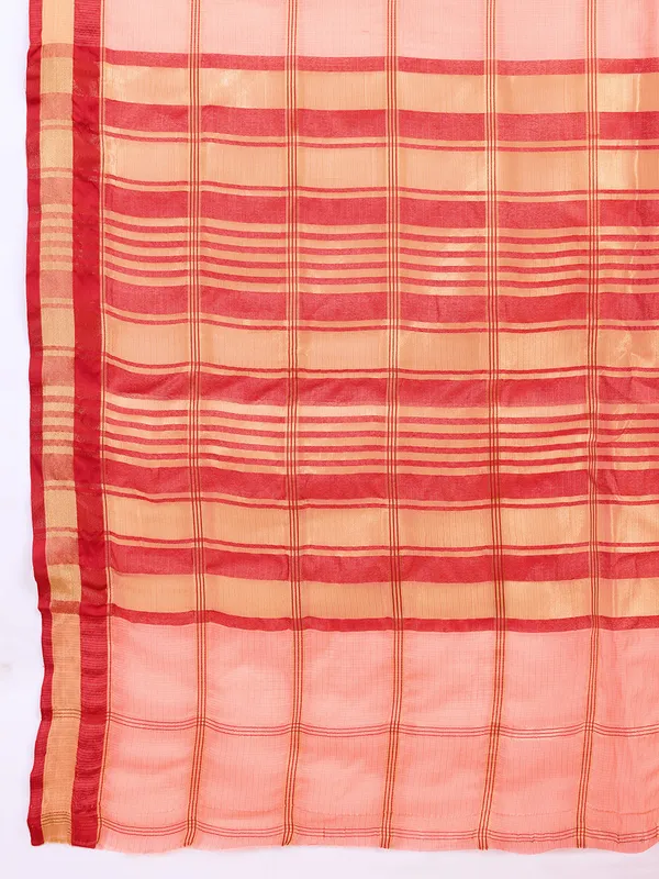 Orange_Cotton_Silk_Striped_Kota_Doria_Saree_With_Unstitched_Blouse_For_Women