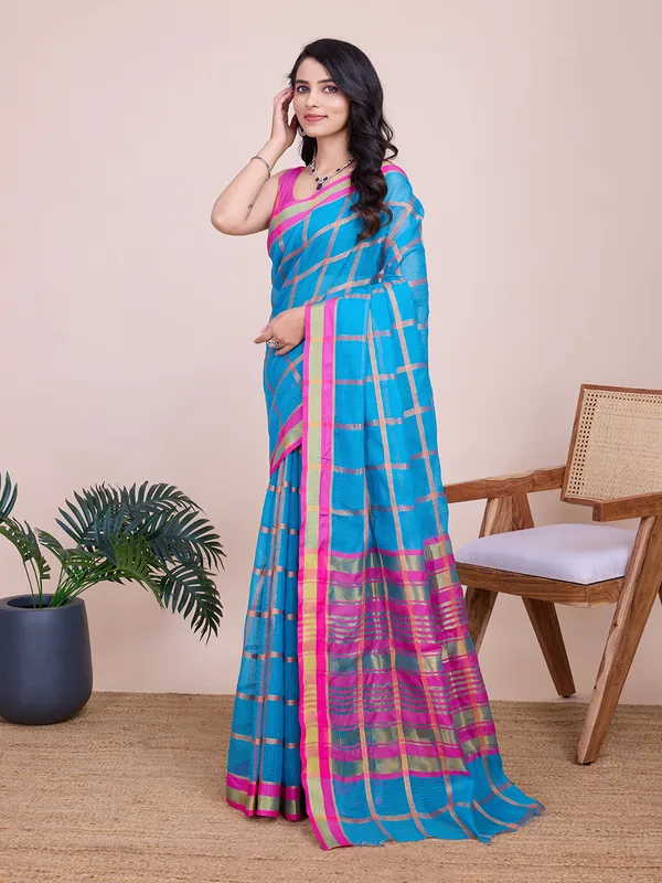 Blue_Cotton_Silk_Striped_Kota_Doria_Saree_With_Unstitched_Blouse_For_Women