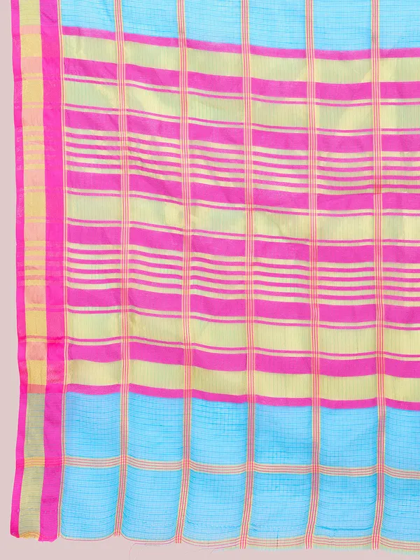 Blue_Cotton_Silk_Striped_Kota_Doria_Saree_With_Unstitched_Blouse_For_Women