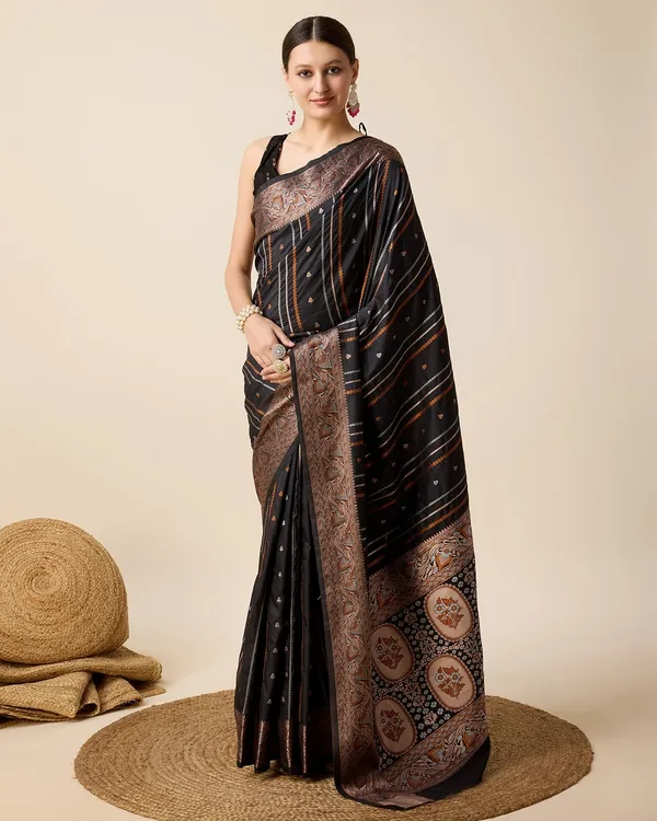 Black_Cotton_Silk_Woven_Kanjivaram_Saree_With_Unstitched_Blouse_For_Women