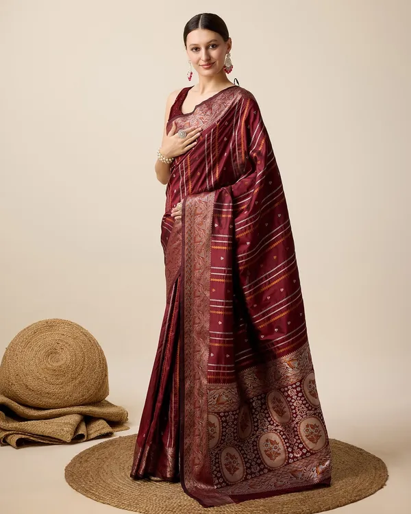 Maroon_Cotton_Silk_Woven_Kanjivaram_Saree_With_Unstitched_Blouse_For_Women
