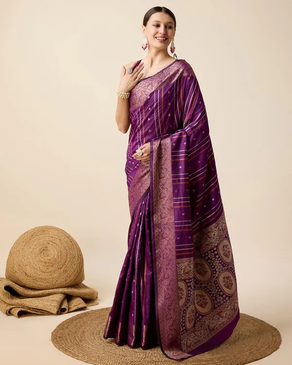 Purple_Cotton_Silk_Woven_Kanjivaram_Saree_With_Unstitched_Blouse_For_Women