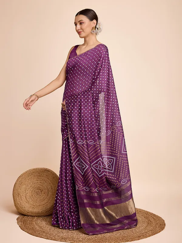 Purple_Cotton_Silk_Printed_Bandhani_Saree_With_Unstitched_Blouse_For_Women
