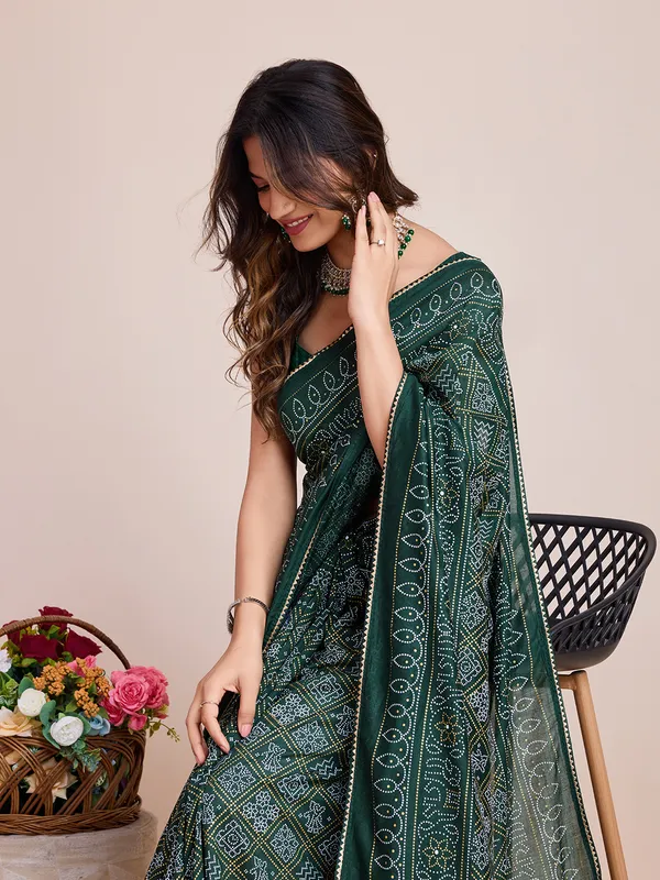 Green_Cotton_Silk_Printed_Bandhani_Saree_With_Unstitched_Blouse_For_Women
