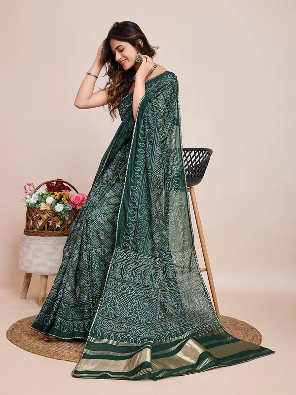 Green_Cotton_Silk_Printed_Bandhani_Saree_With_Unstitched_Blouse_For_Women