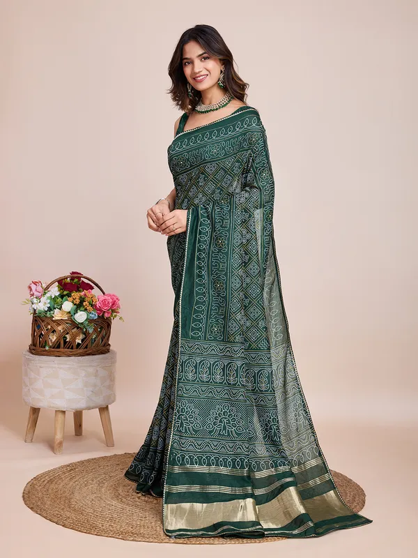 Green_Cotton_Silk_Printed_Bandhani_Saree_With_Unstitched_Blouse_For_Women