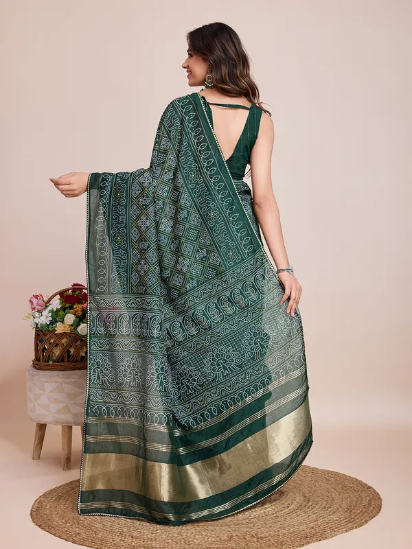 Green_Cotton_Silk_Printed_Bandhani_Saree_With_Unstitched_Blouse_For_Women