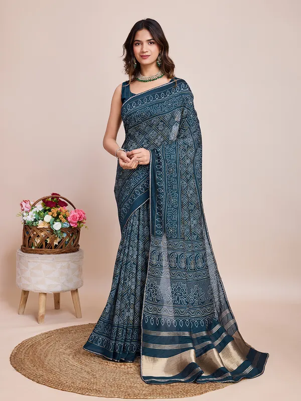 Blue_Cotton_Silk_Printed_Patola_Saree_With_Unstitched_Blouse_For_Women