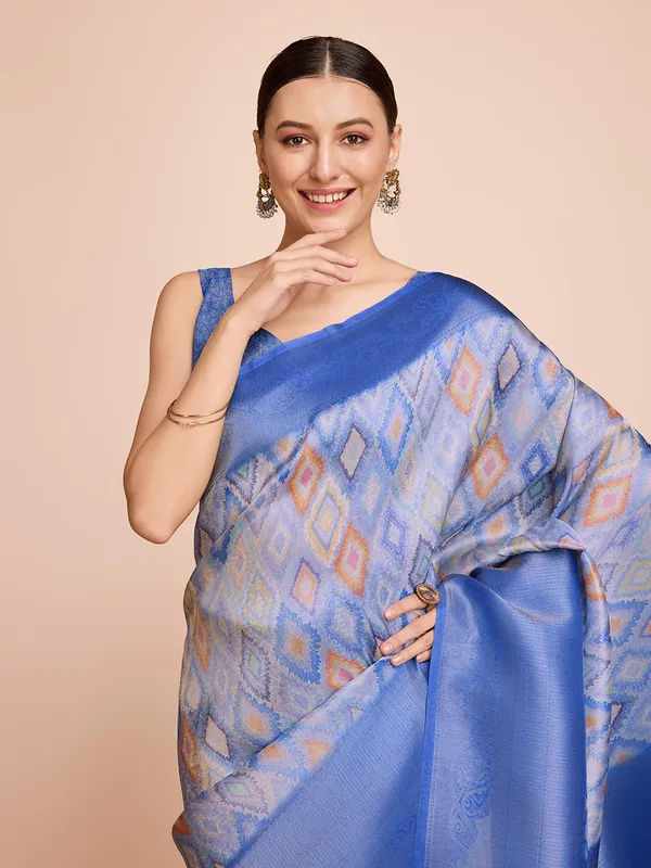 Blue_Cotton_Silk_Printed_Kota_Doria_Saree_With_Unstitched_Blouse_For_Women