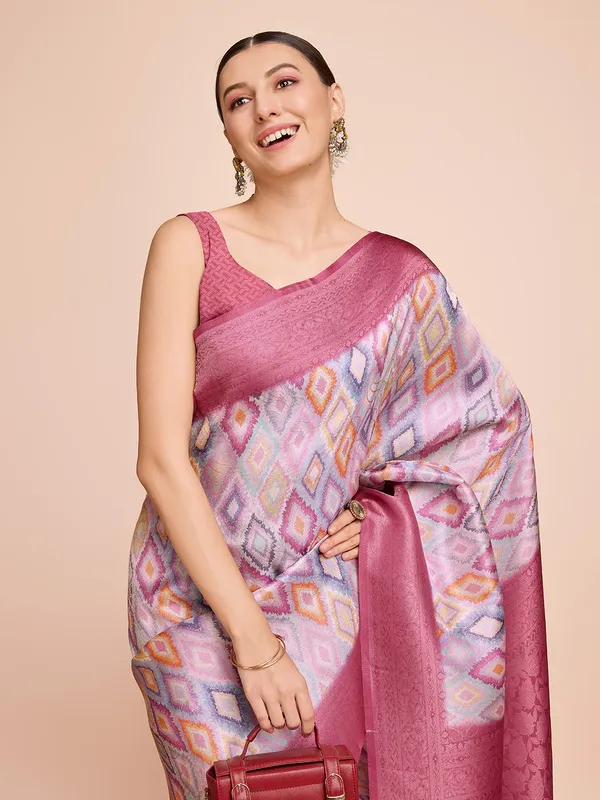 Orange_Cotton_Silk_Printed_Kota_Doria_Saree_With_Unstitched_Blouse_For_Women