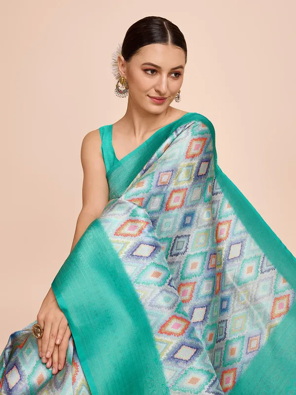 Green_Cotton_Silk_Printed_Kota_Doria_Saree_With_Unstitched_Blouse_For_Women