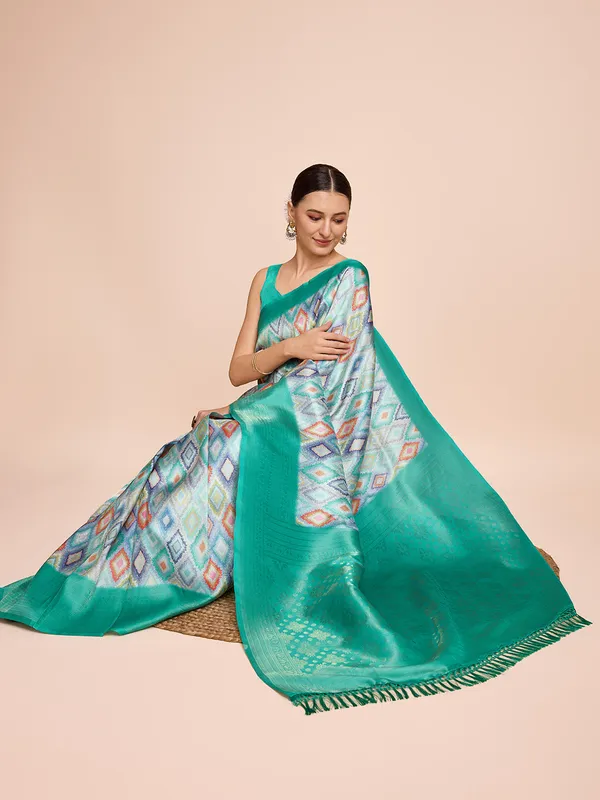 Green_Cotton_Silk_Printed_Kota_Doria_Saree_With_Unstitched_Blouse_For_Women