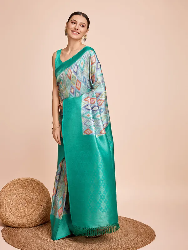 Green_Cotton_Silk_Printed_Kota_Doria_Saree_With_Unstitched_Blouse_For_Women
