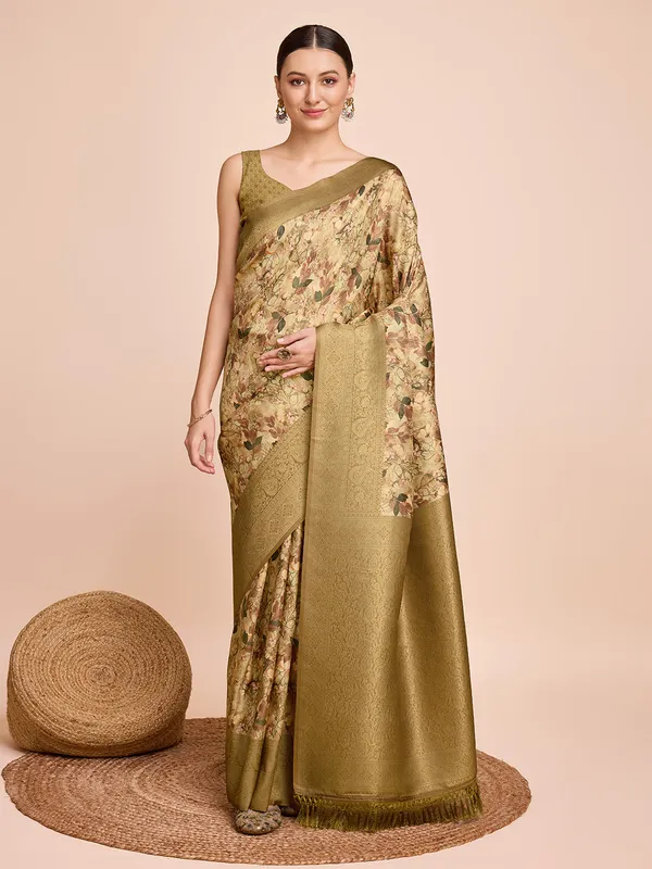 Gold_Cotton_Silk_Printed_Kota_Doria_Saree_With_Unstitched_Blouse_For_Women