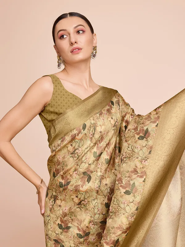 Gold_Cotton_Silk_Printed_Kota_Doria_Saree_With_Unstitched_Blouse_For_Women