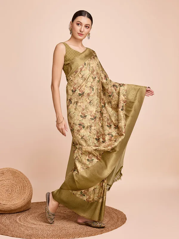 Gold_Cotton_Silk_Printed_Kota_Doria_Saree_With_Unstitched_Blouse_For_Women