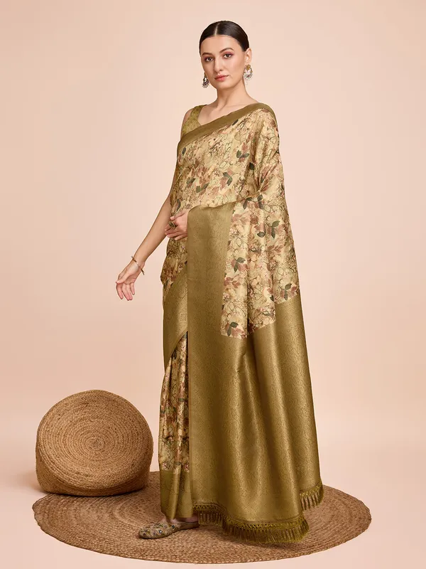 Gold_Cotton_Silk_Printed_Kota_Doria_Saree_With_Unstitched_Blouse_For_Women