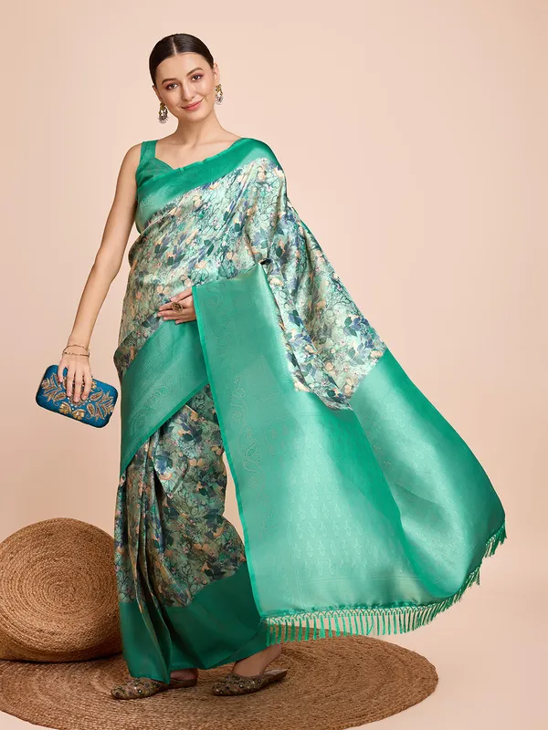 Green_Cotton_Silk_Printed_Kota_Doria_Saree_With_Unstitched_Blouse_For_Women