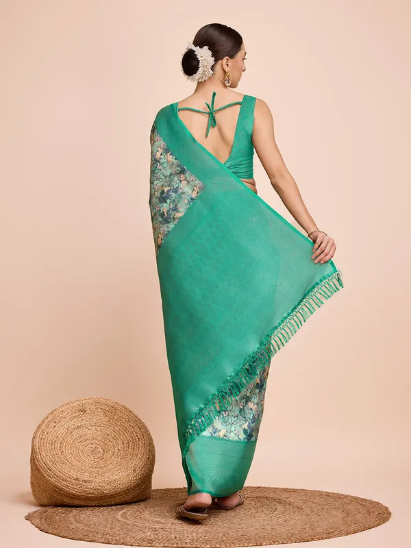 Green_Cotton_Silk_Printed_Kota_Doria_Saree_With_Unstitched_Blouse_For_Women