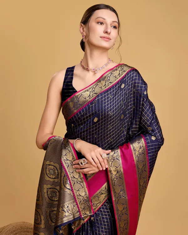 Dark_Blue_Cotton_Silk_Woven_Kanjivaram_Saree_With_Unstitched_Blouse_For_Women