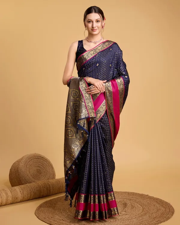 Dark_Blue_Cotton_Silk_Woven_Kanjivaram_Saree_With_Unstitched_Blouse_For_Women