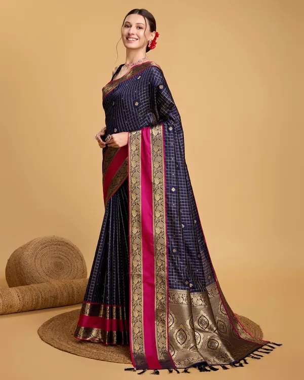 Dark_Blue_Cotton_Silk_Woven_Kanjivaram_Saree_With_Unstitched_Blouse_For_Women